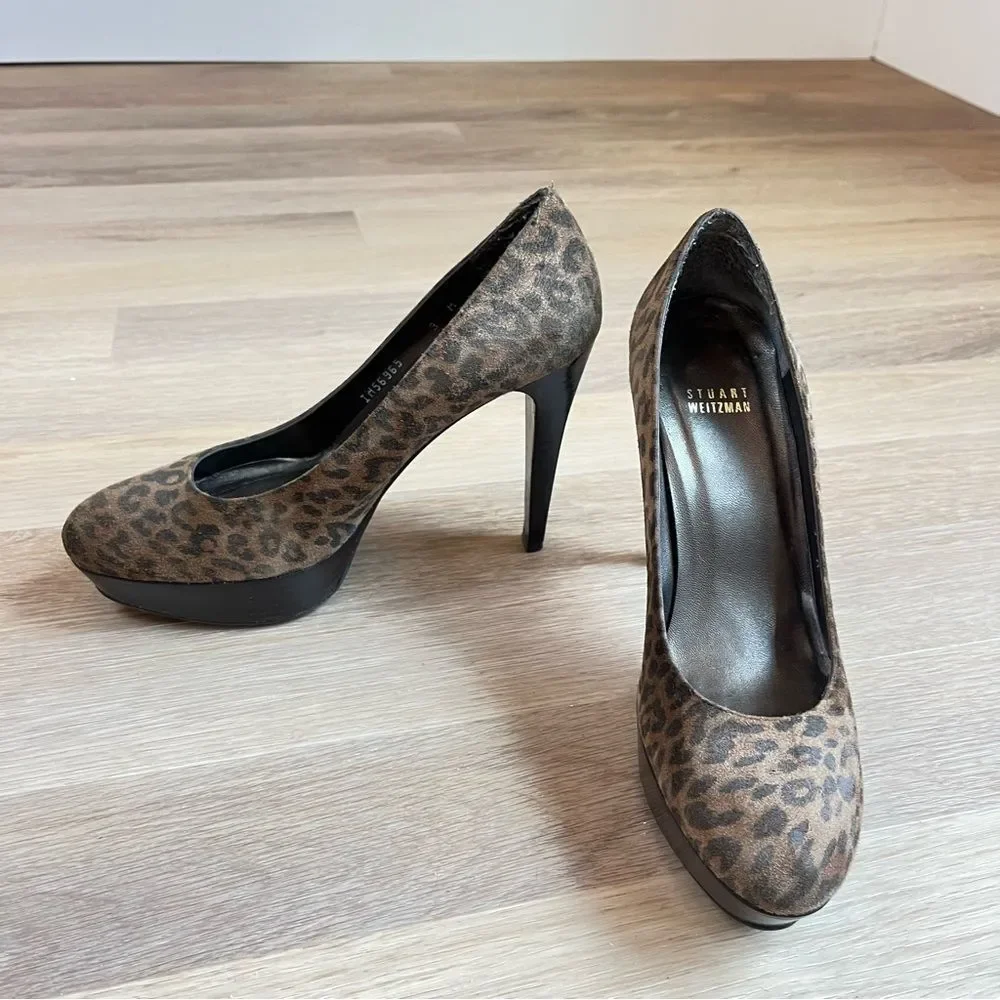Stuart Weitzman Casstilts Leopard Suede Platform Pumps size 9